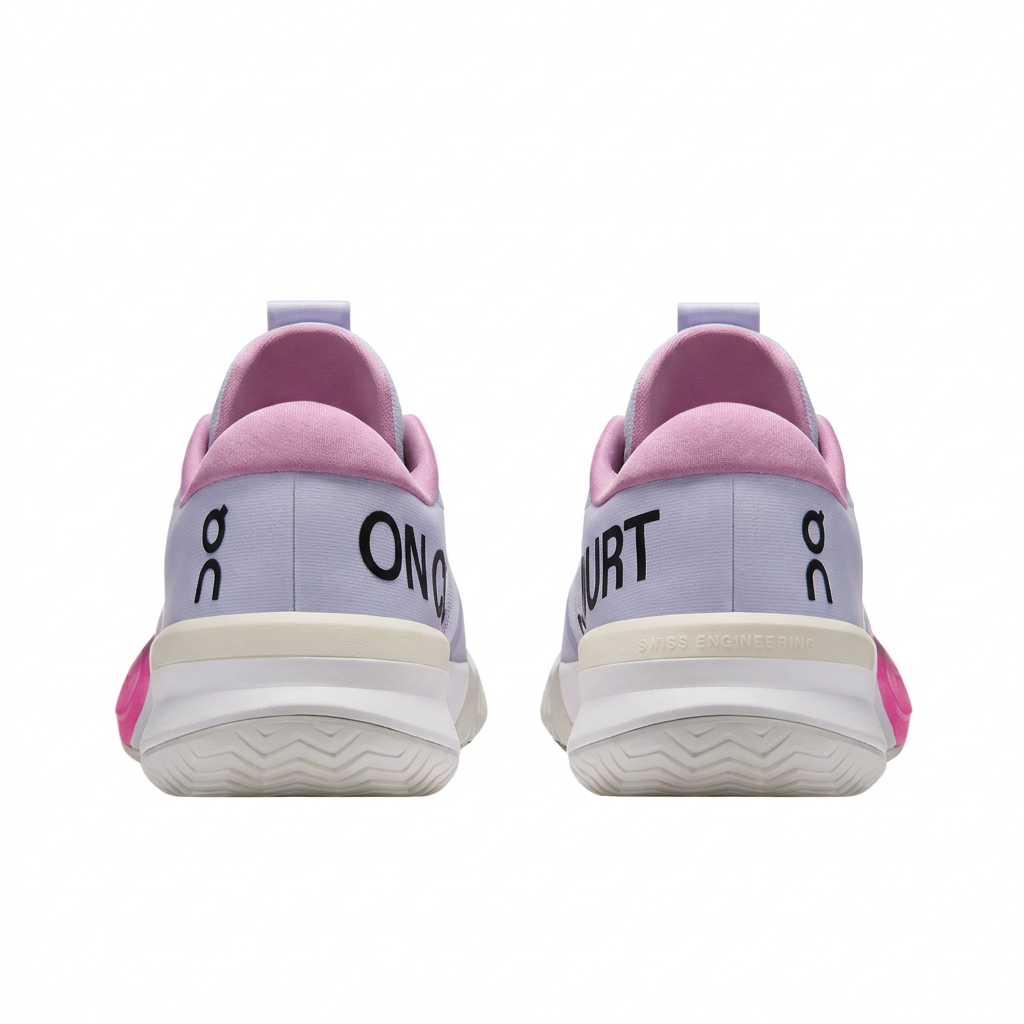 On THE ROGER Pro 3 lavender and pink sneakers, rear heel view on white