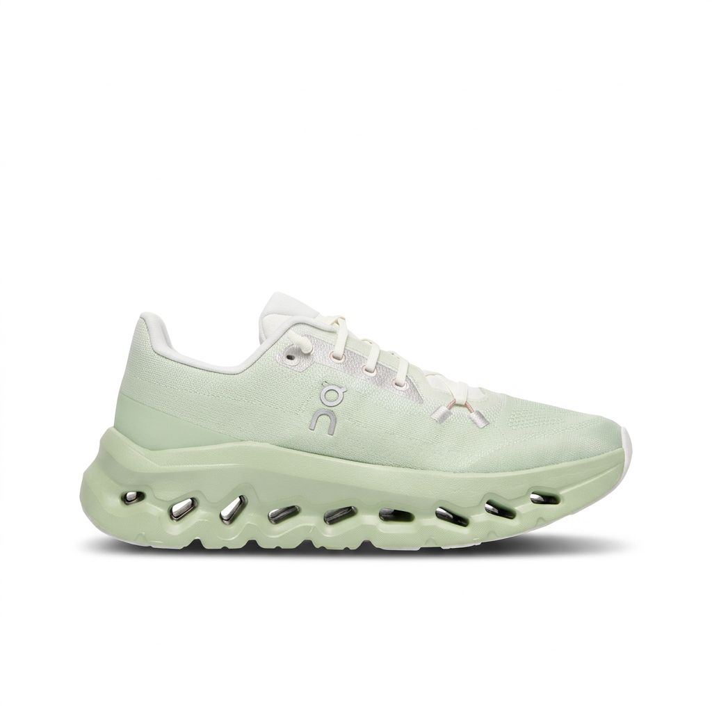 Mint green and white On Cloudtilt sneaker opposite side view on white background