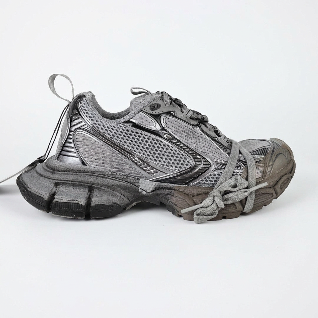 Balenciaga 3XL grey and black sneakers on white background, view 3