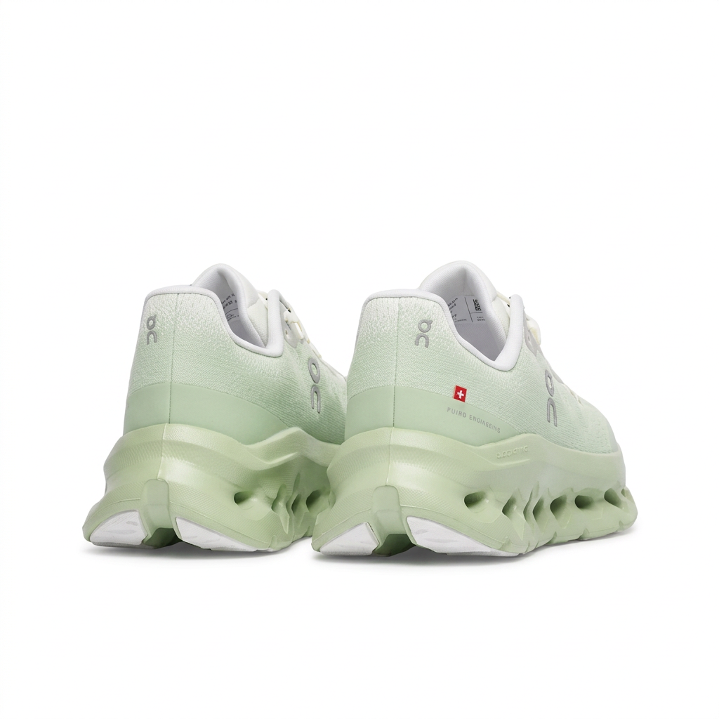 Mint green and white On Cloudtilt sneakers rear three-quarter view on white background