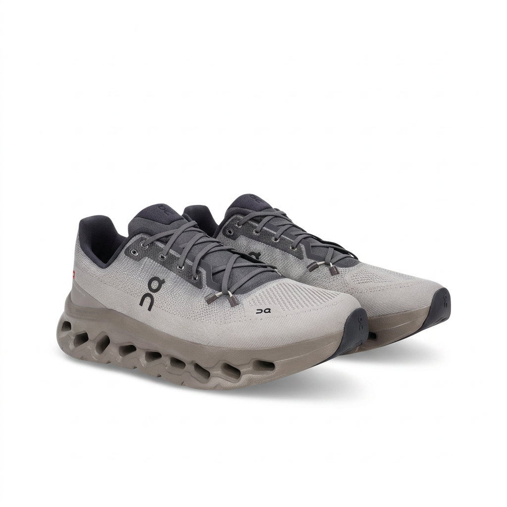 Grey and taupe On Cloudtilt sneakers three-quarter view on white background