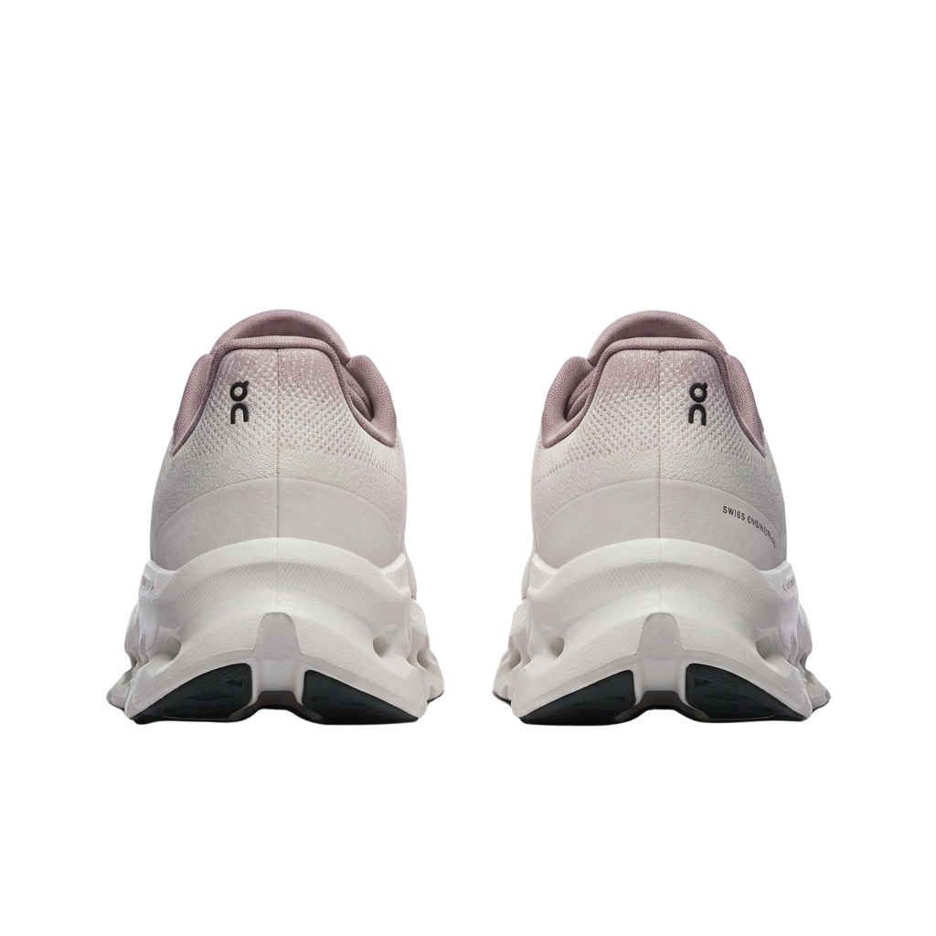 On ivory and dusty mauve sneakers, rear heel view on white