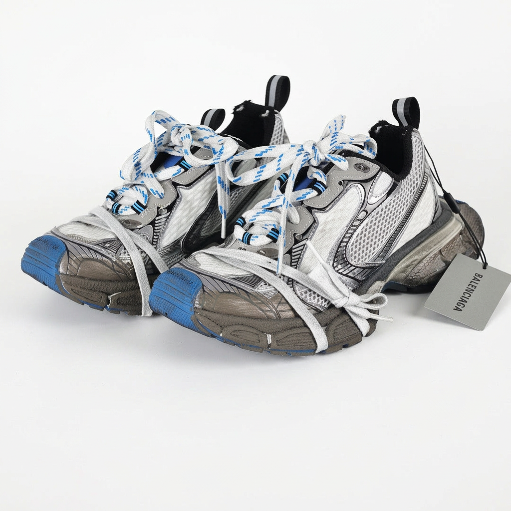 Balenciaga 3XL white blue and brown sneakers on white background, view 2