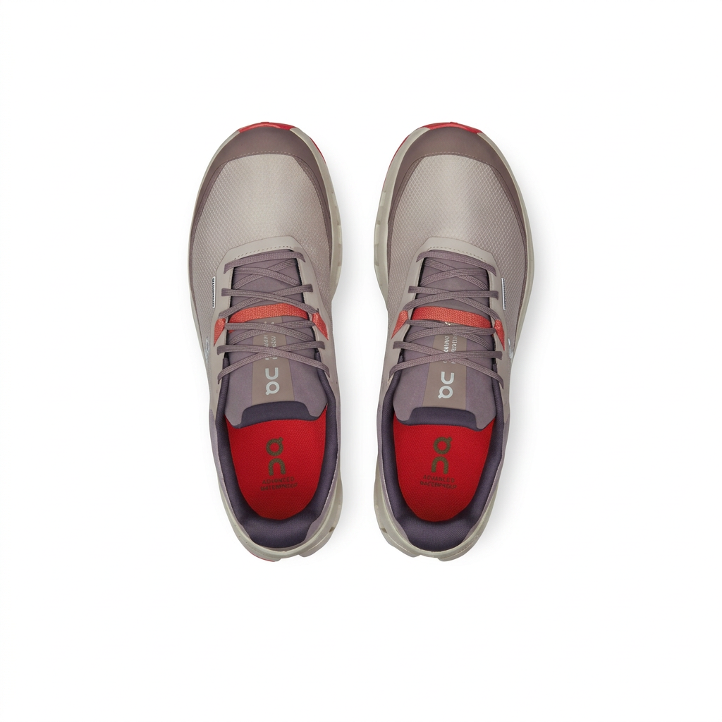 On Cloudvista 2 sneakers top view with grey laces and red insoles on white background
