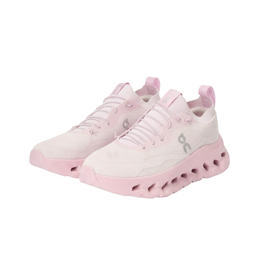 LOEWE x On Cloudtilt ivory and blush pink sneakers three-quarter pair view on white