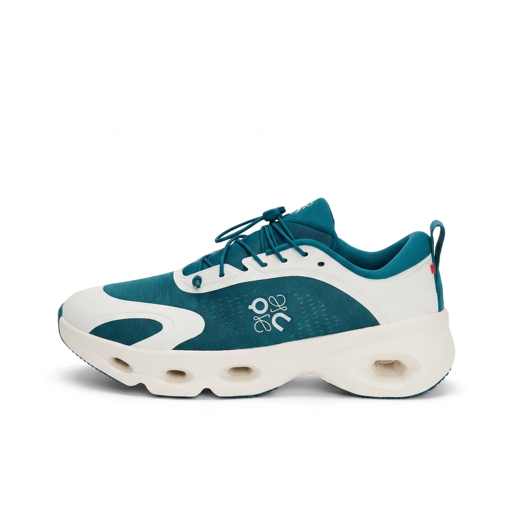 Teal and cream LOEWE x On Cloudsolo sneaker side view on white background