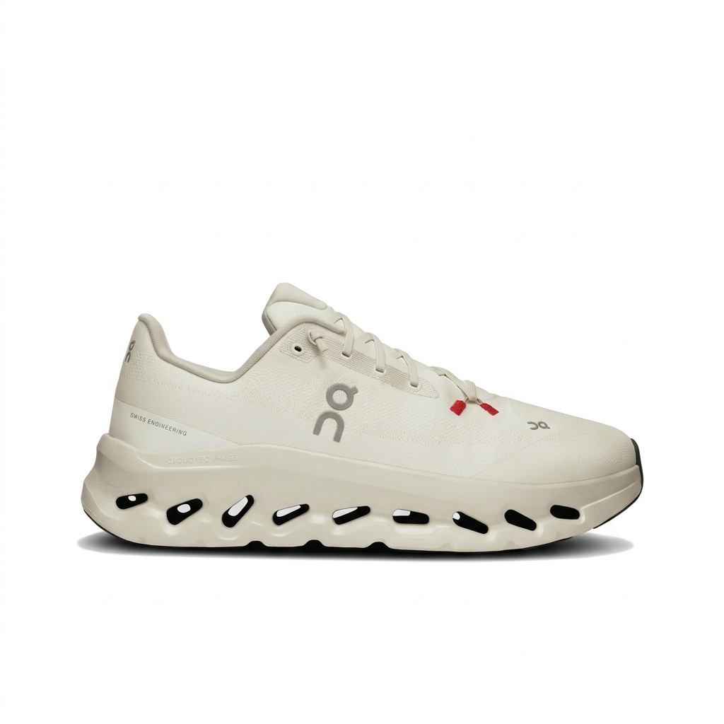 On Cloudtilt ivory sneaker with red lace accents, right-facing side view on white