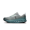 On Cloudsurfer Trail 2 grey and teal shoe, left-facing side view on white