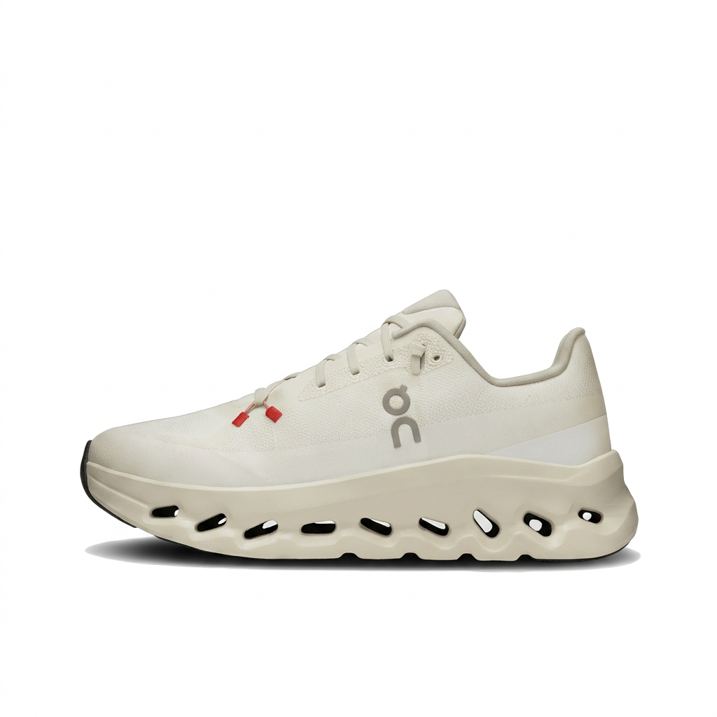 On Cloudtilt ivory sneaker with red lace accents, left-facing side view on white