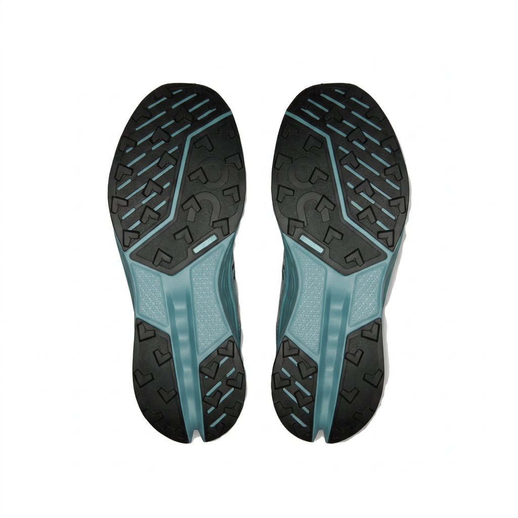 On Cloudsurfer Trail 2 black and teal outsoles, bottom view on white