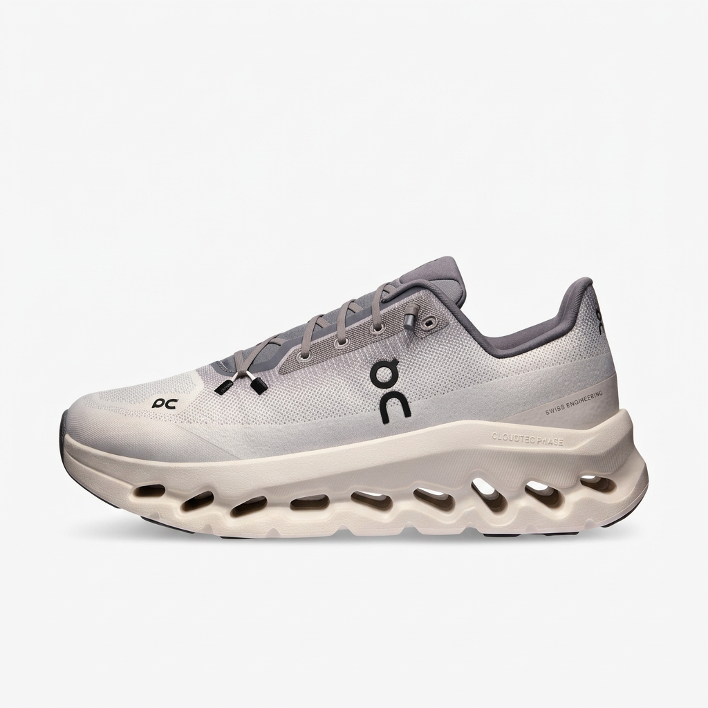 On Cloudtilt light grey and ivory sneakers, left-facing side view on a white background