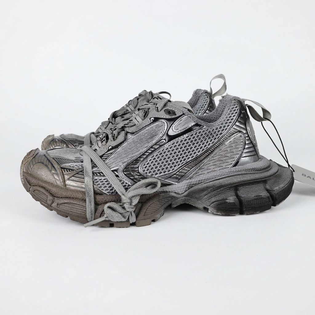Balenciaga 3XL grey and black sneakers on white background, view 1