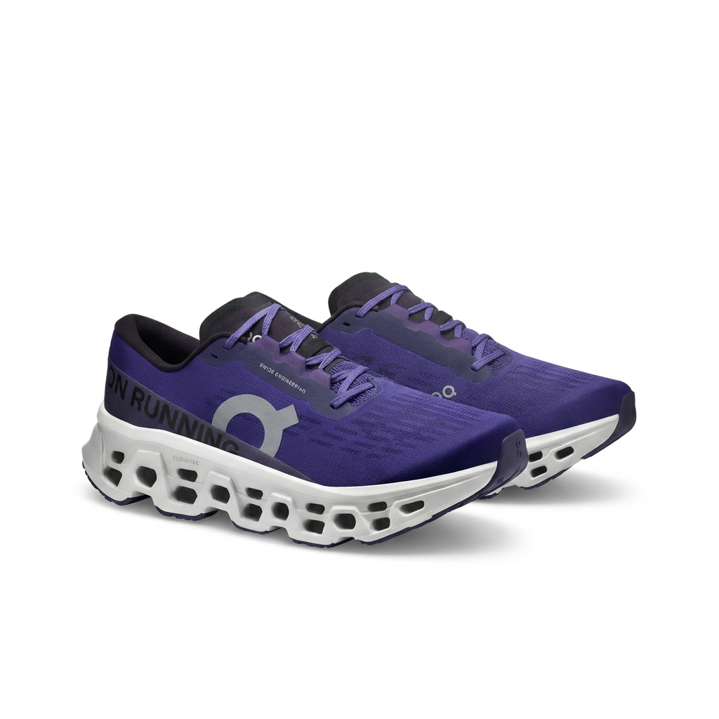 On deep purple and white sneakers, three-quarter pair view on white