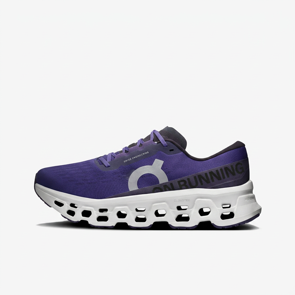 On deep purple and white sneaker, left-facing side view on white