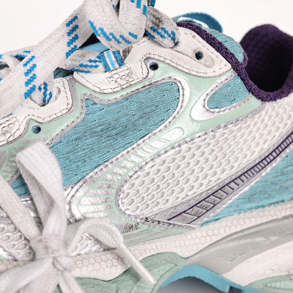 Balenciaga 3XL white and teal panel detail on white background