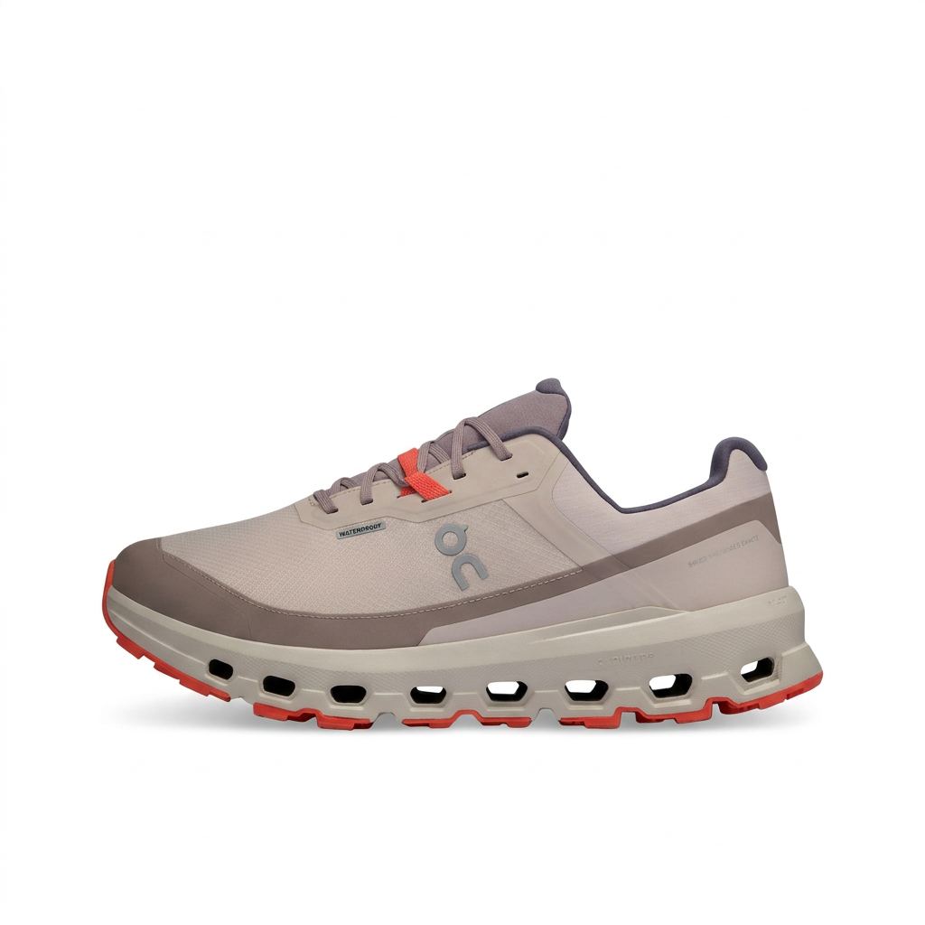 Greige taupe and red-orange On Cloudvista 2 sneaker facing left on white background