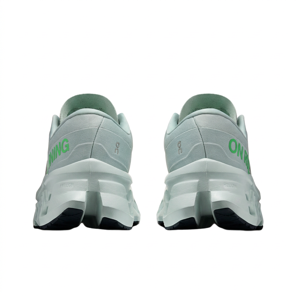 On Cloudmonster 3 ice blue and mint green sneakers, rear heel view on white