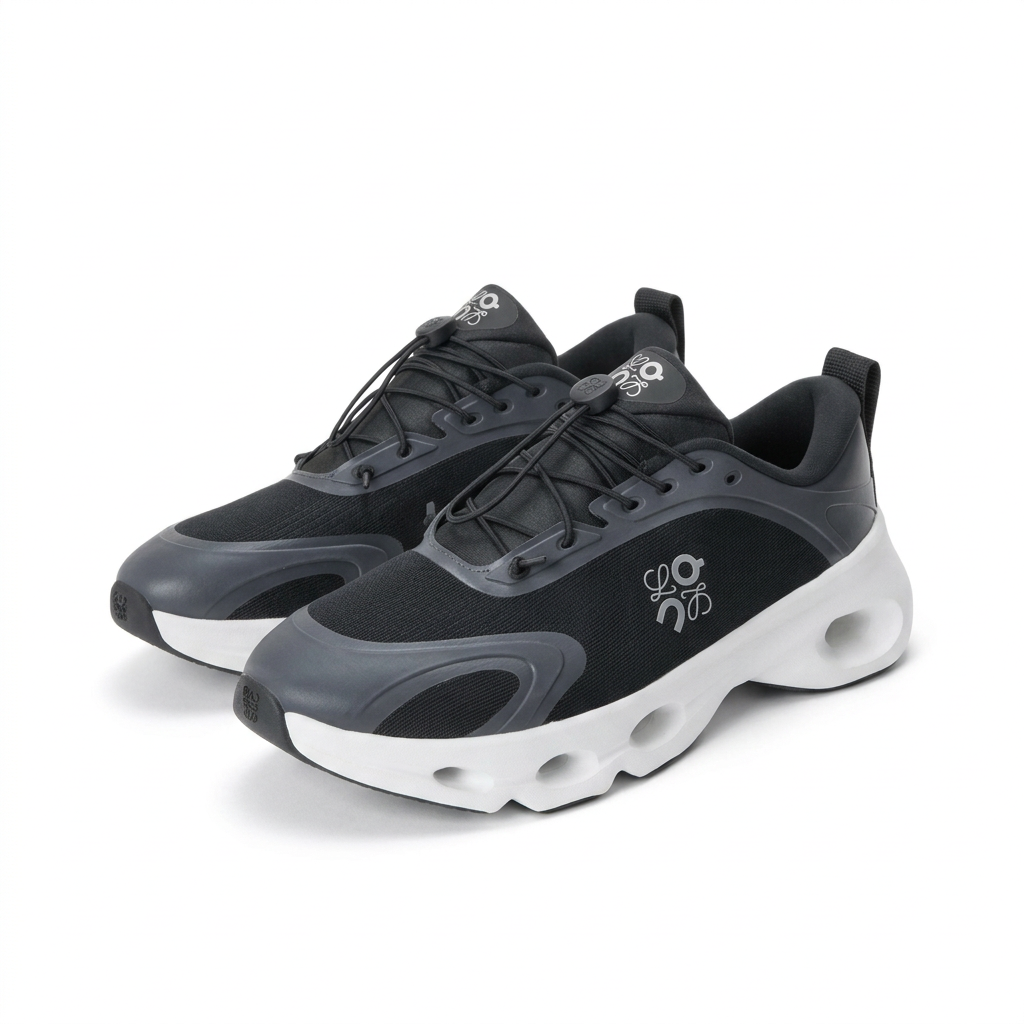 Black and charcoal LOEWE x On Cloudsolo sneakers three-quarter view on white background