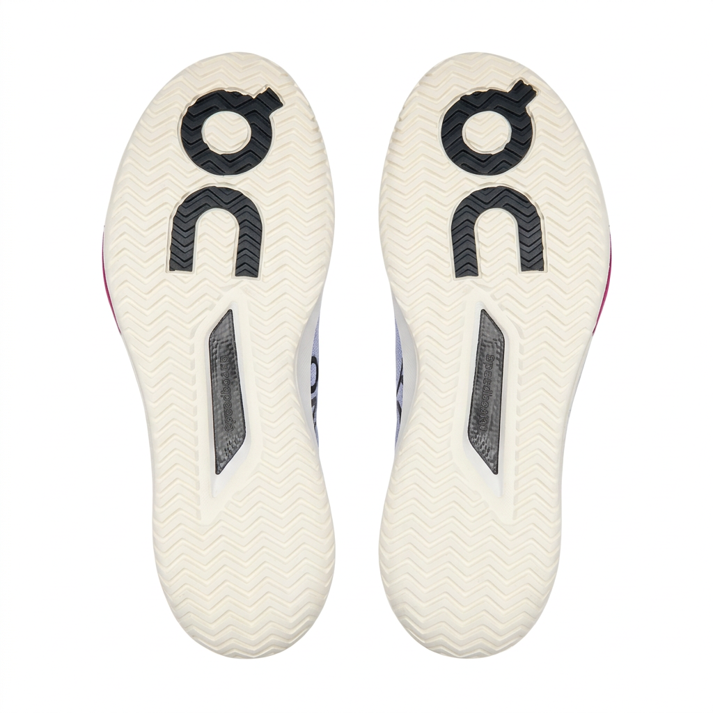 On THE ROGER Pro 3 ivory outsoles with black details, bottom view on white