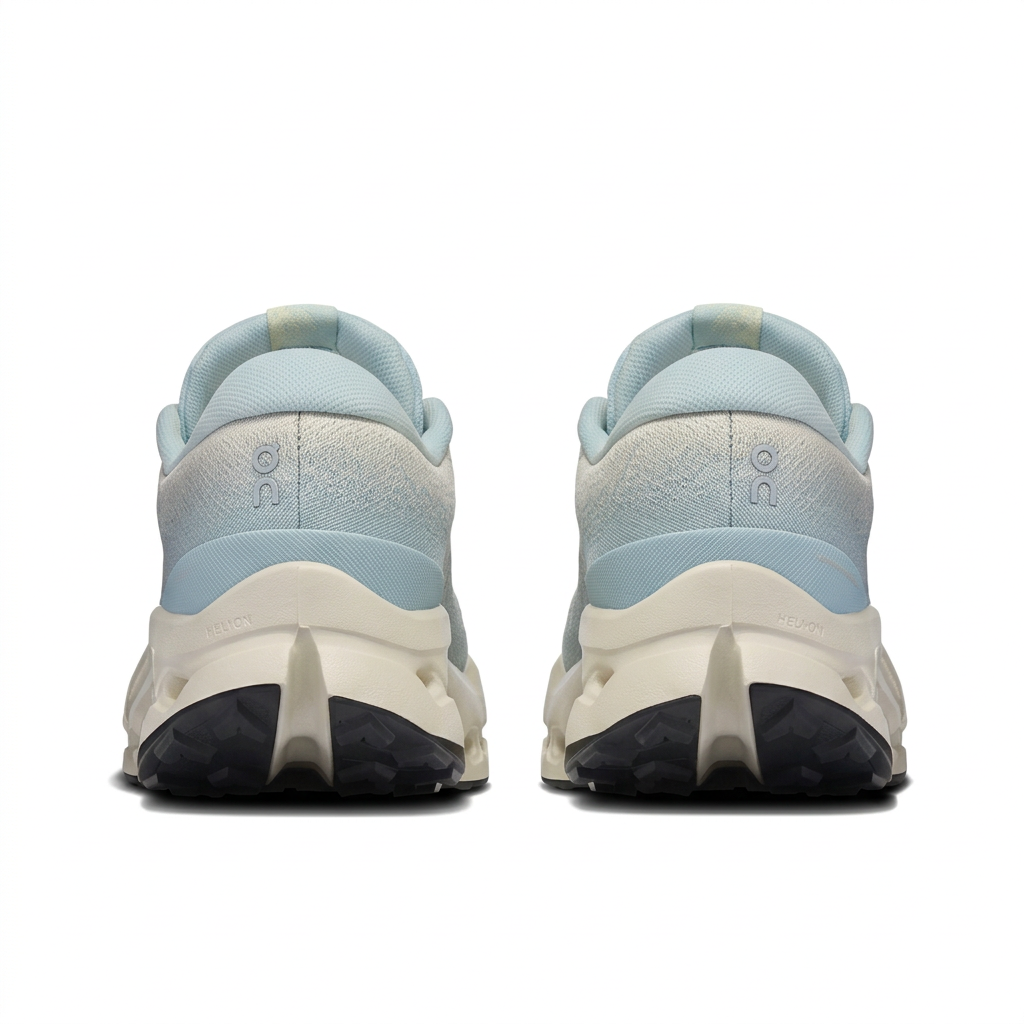 Pale blue and cream On Cloudsurfer Trail 2 shoes rear view on white background