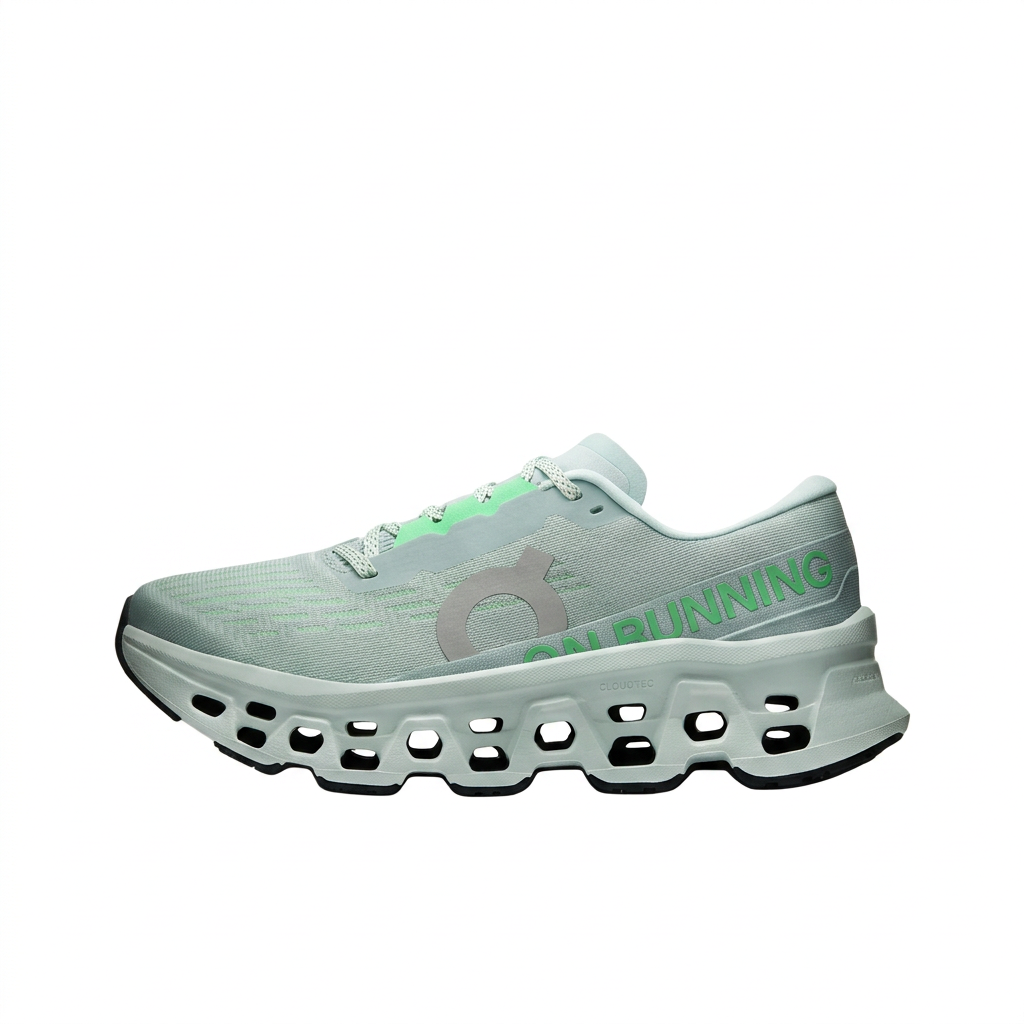 On Cloudmonster 3 ice blue and mint green sneaker, left-facing side view on white