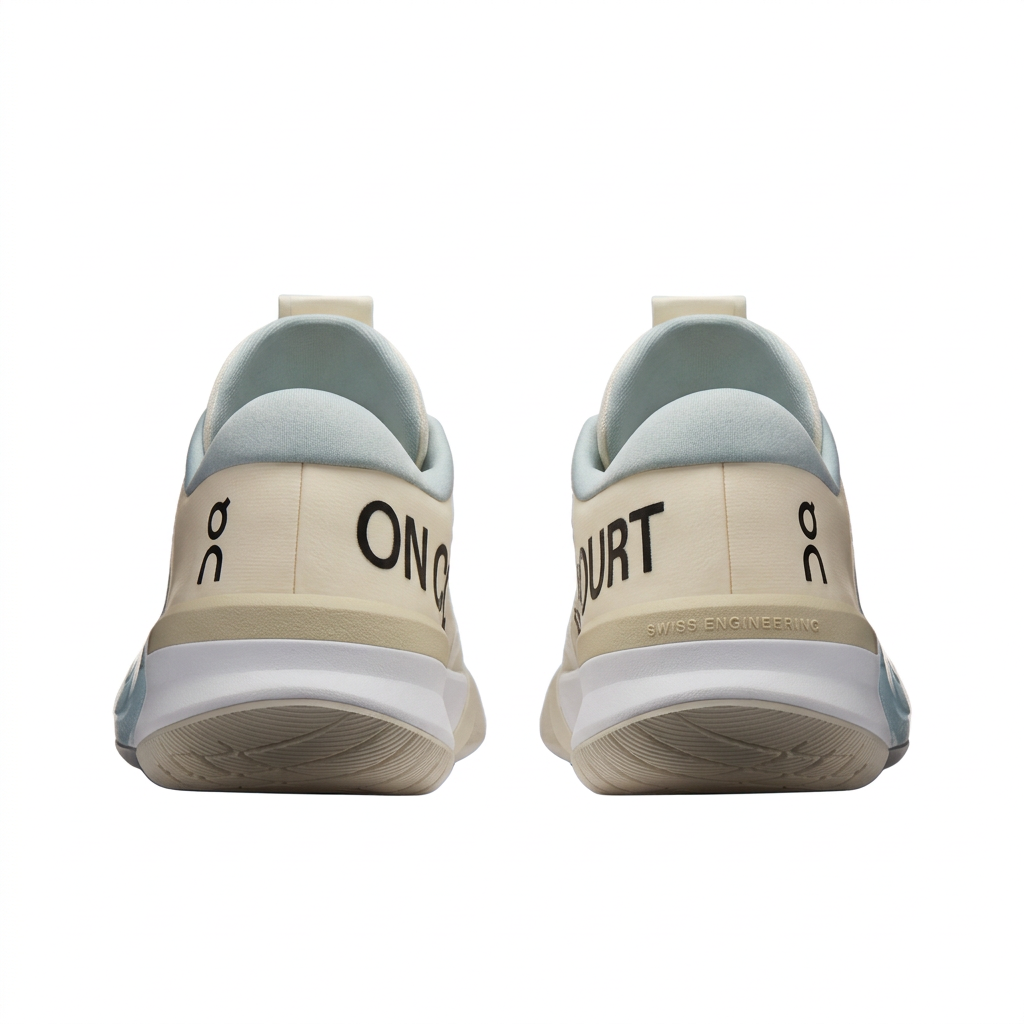 Cream On sneakers rear view with ON COURT lettering on white background