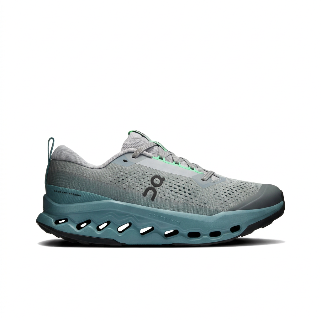 On Cloudsurfer Trail 2 grey and teal shoe, right-facing side view on white