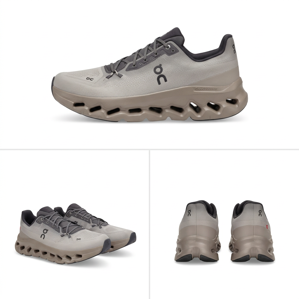 Grey On Cloudtilt sneakers three-view collage on white backgrounds