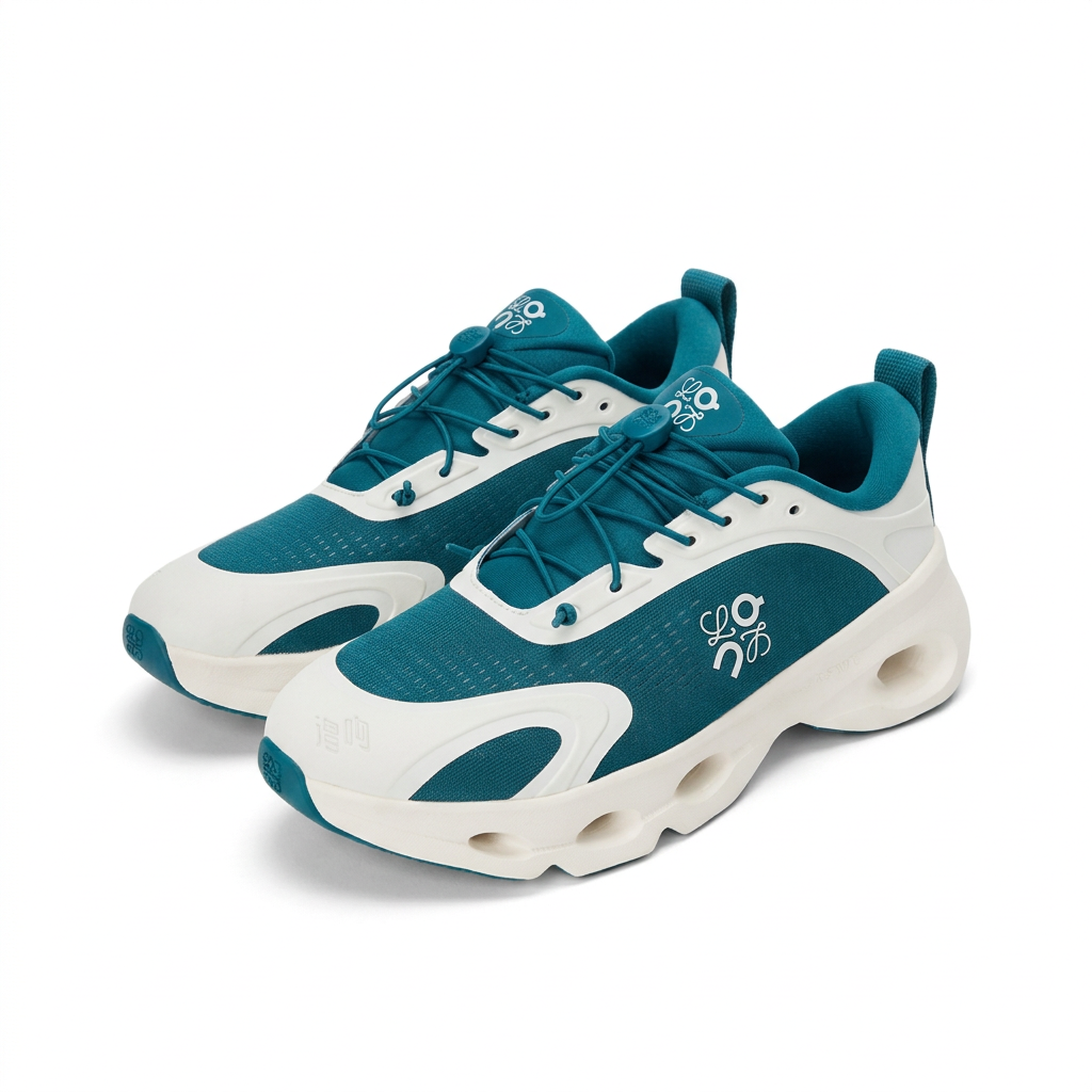 Teal and cream LOEWE x On Cloudsolo sneakers three-quarter view on white background