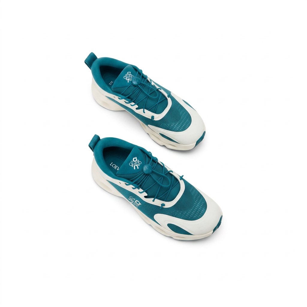 Teal and cream LOEWE x On Cloudsolo sneakers overhead view on white background