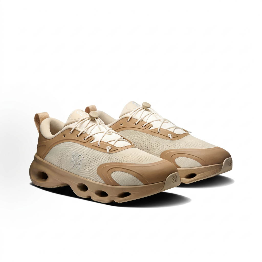 Tan and cream LOEWE x On Cloudsolo sneakers three-quarter view on white background