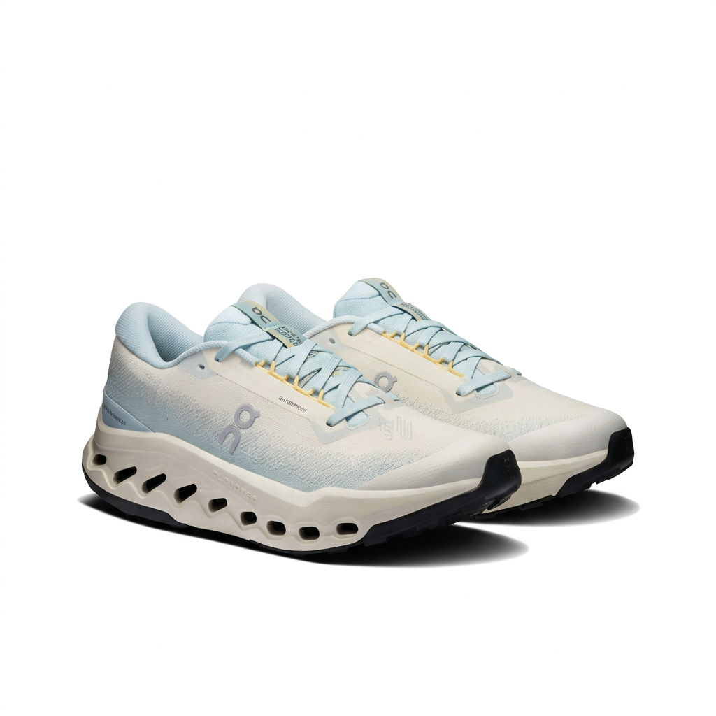 Pale blue and cream On Cloudsurfer Trail 2 shoes three-quarter view on white background
