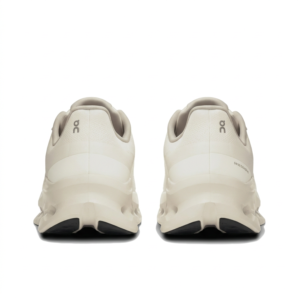 On Cloudtilt ivory sneakers, rear heel view on white