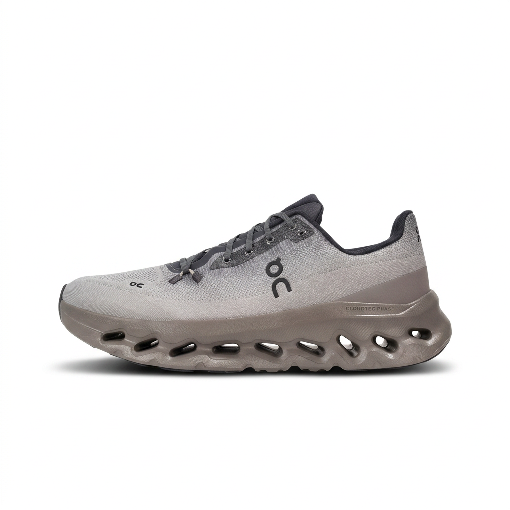 Light grey and taupe On Cloudtilt sneaker side view on white background
