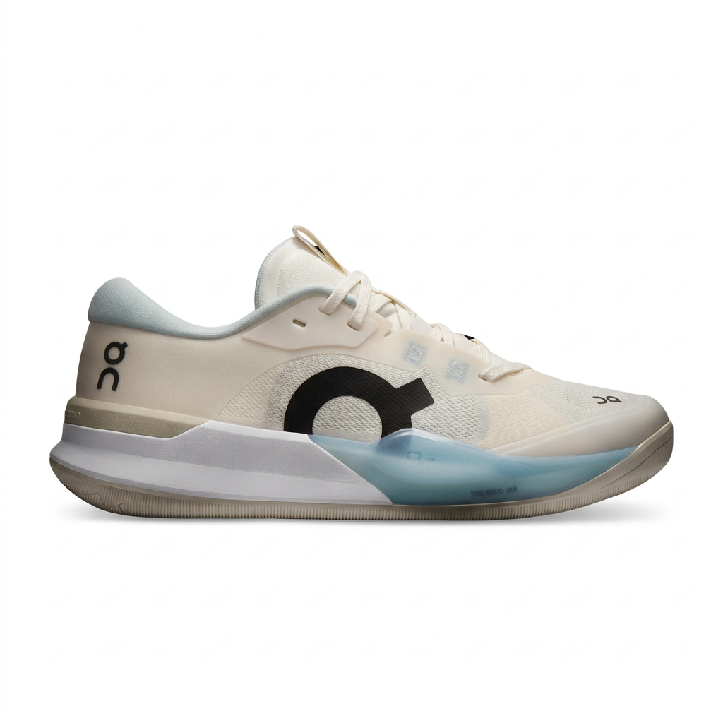 Cream and light blue On sneaker opposite side view on white background