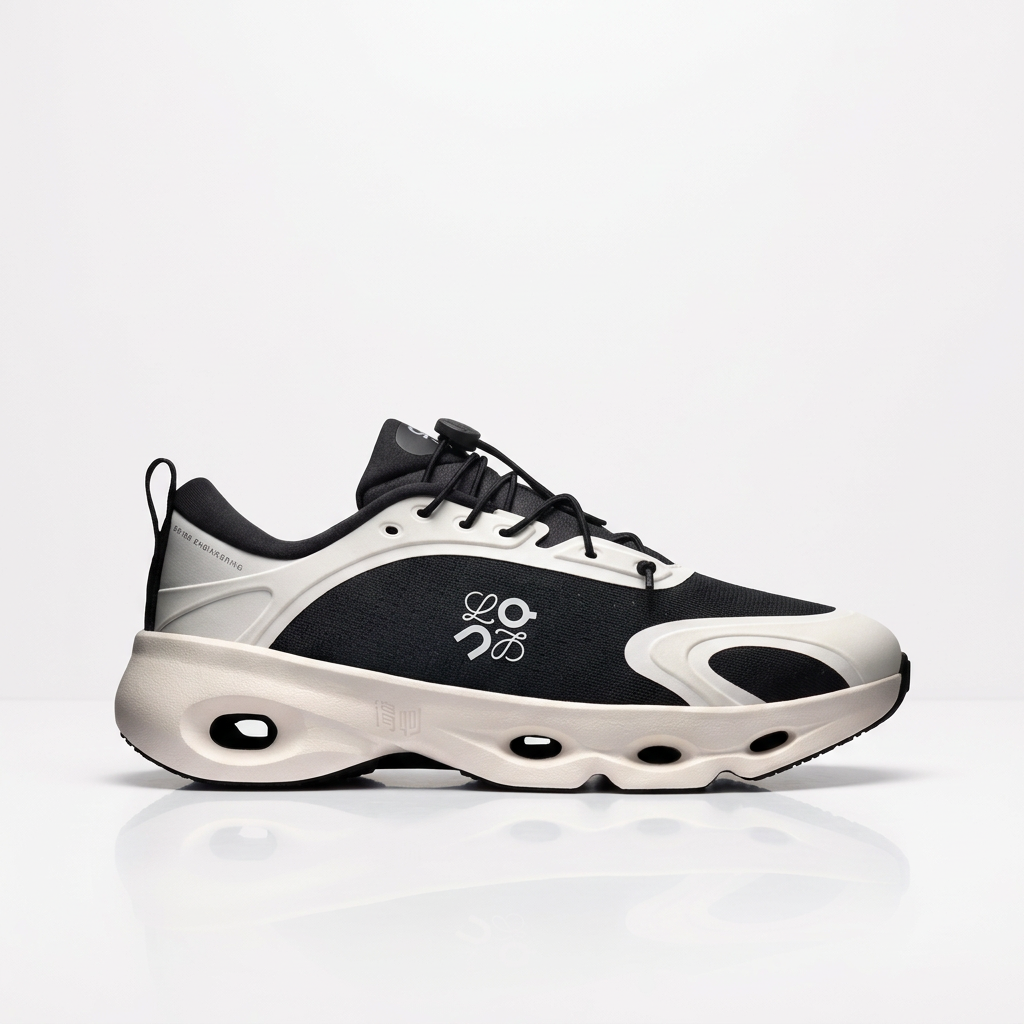 Black and off-white LOEWE x On Cloudsolo sneaker side view on white background