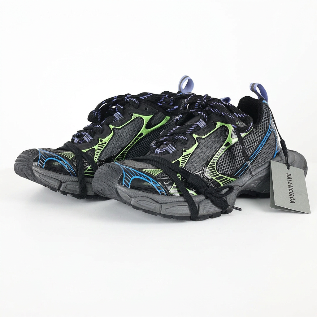 Balenciaga 3XL black and neon green sneakers on white background, view 1