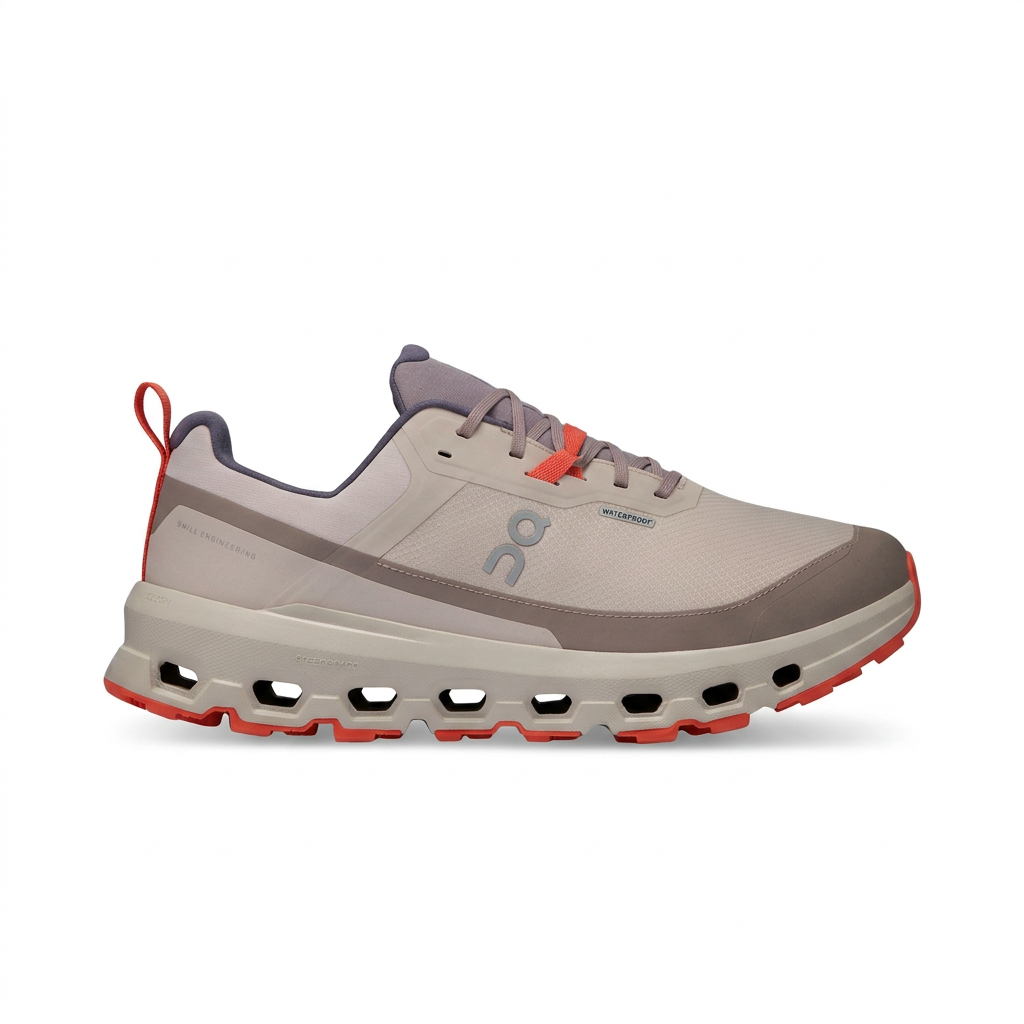 Greige taupe and red-orange On Cloudvista 2 sneaker opposite side on white background