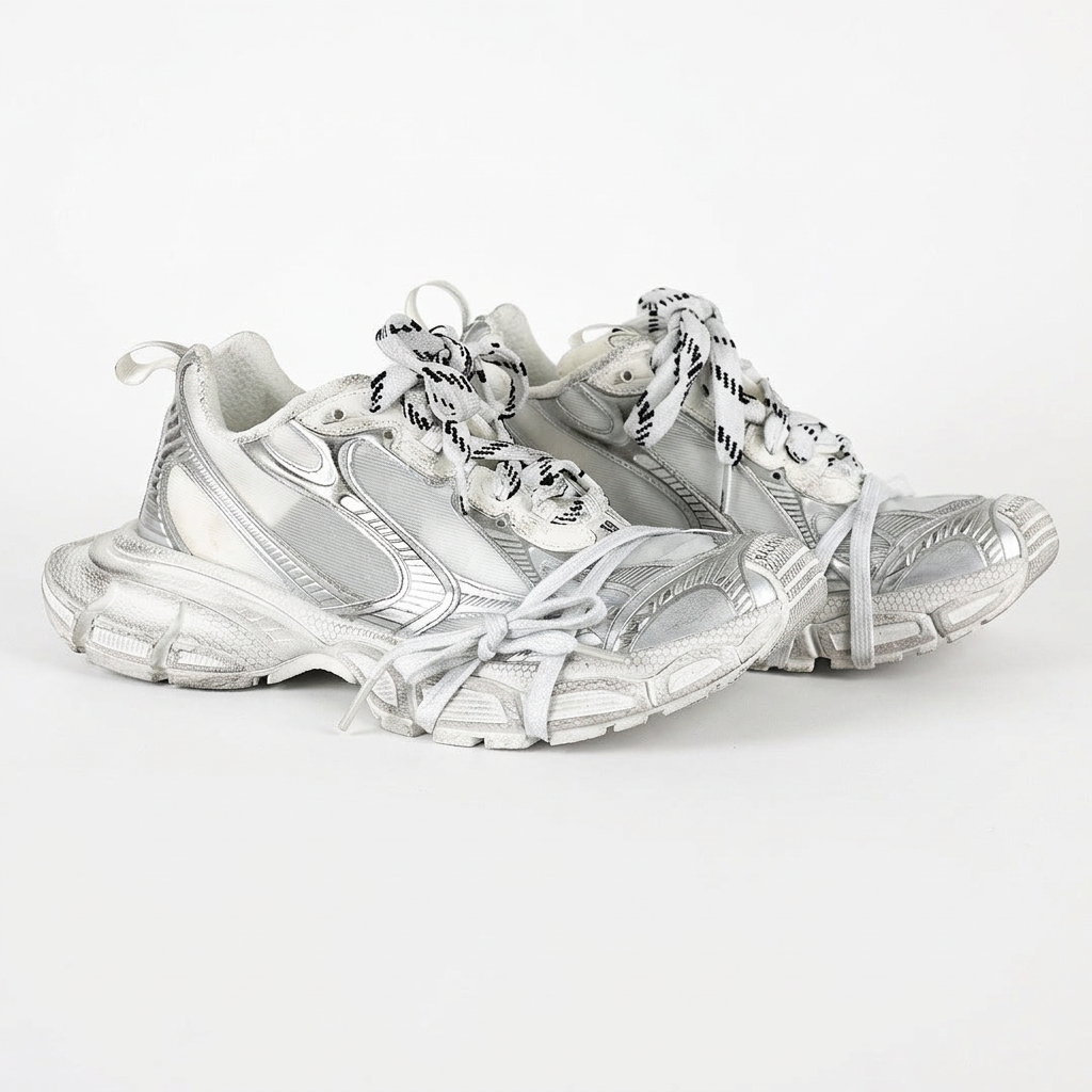 Balenciaga 3XL white and silver sneakers on white background, view 3