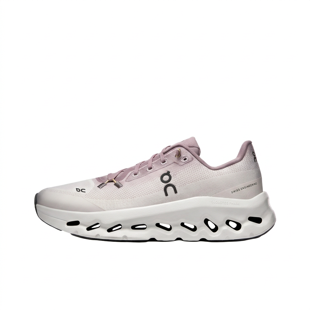 On ivory and dusty mauve sneaker, side view on white