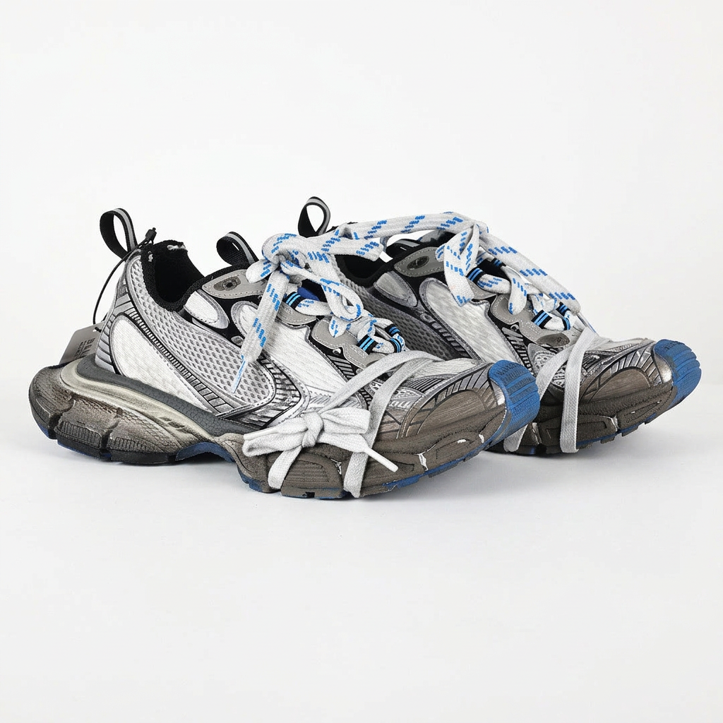 Balenciaga 3XL white blue and brown sneakers on white background, view 3