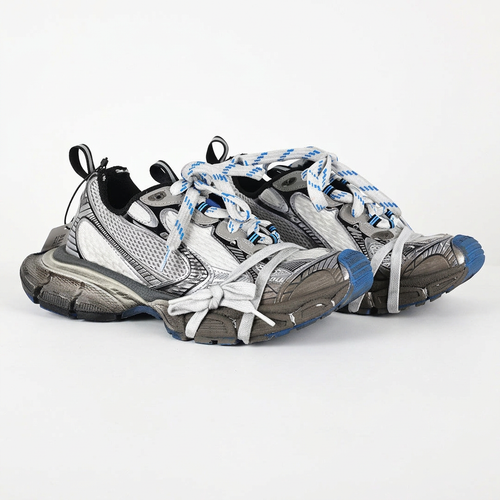 Balenciaga 3XL white blue and brown sneakers on white background, view 3