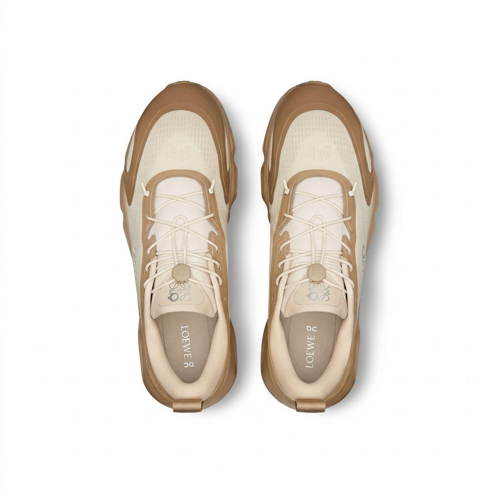 Tan and cream LOEWE x On Cloudsolo sneakers top view on white background