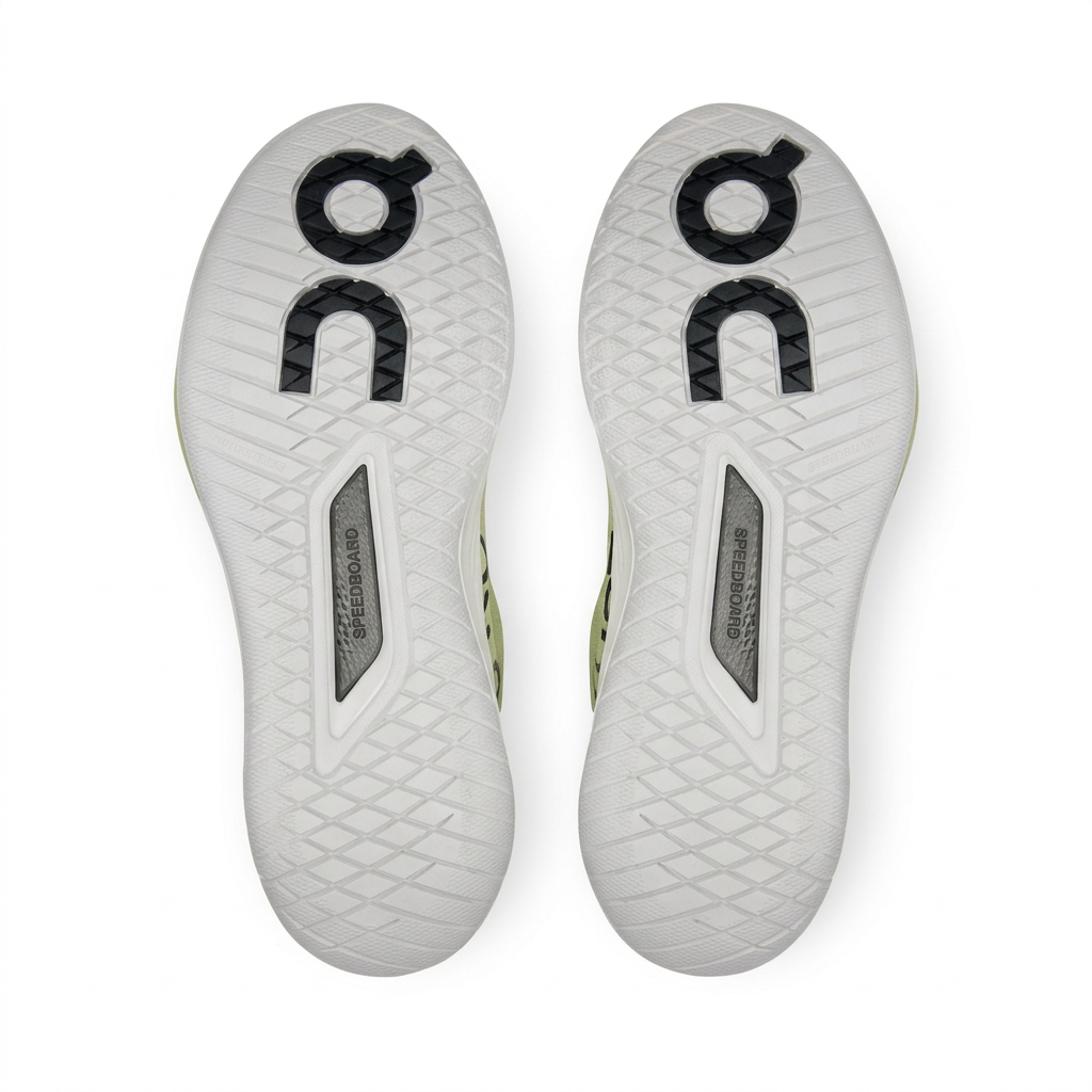 On THE ROGER Pro 3 white outsoles with black details, bottom view on white