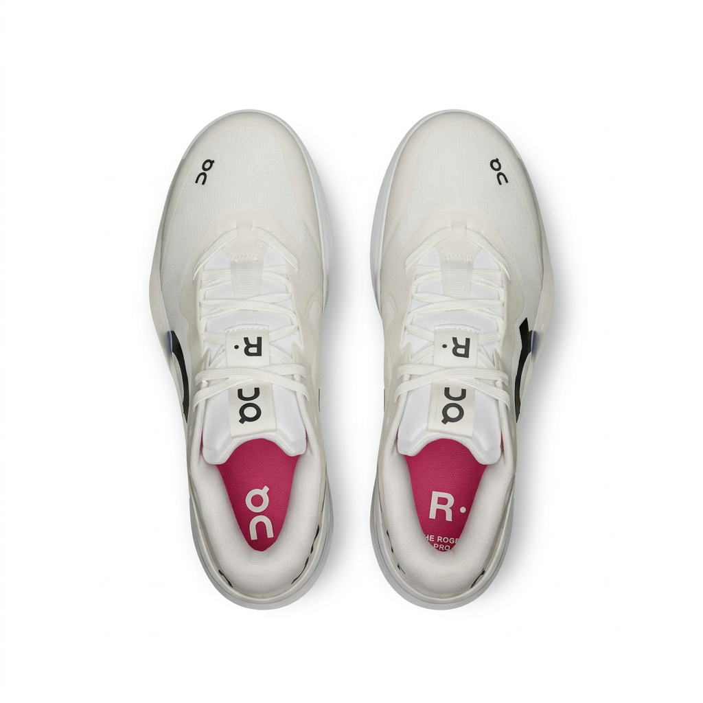 White On sneakers top view showing pink insoles on white background