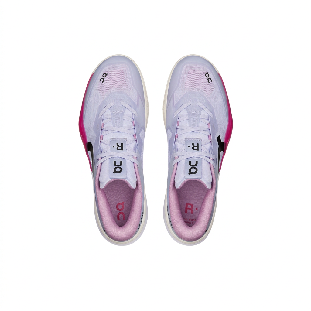 On THE ROGER Pro 3 lavender and pink sneakers, overhead view on white