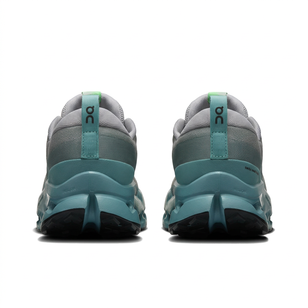 On Cloudsurfer Trail 2 grey and teal shoes, rear heel view on white